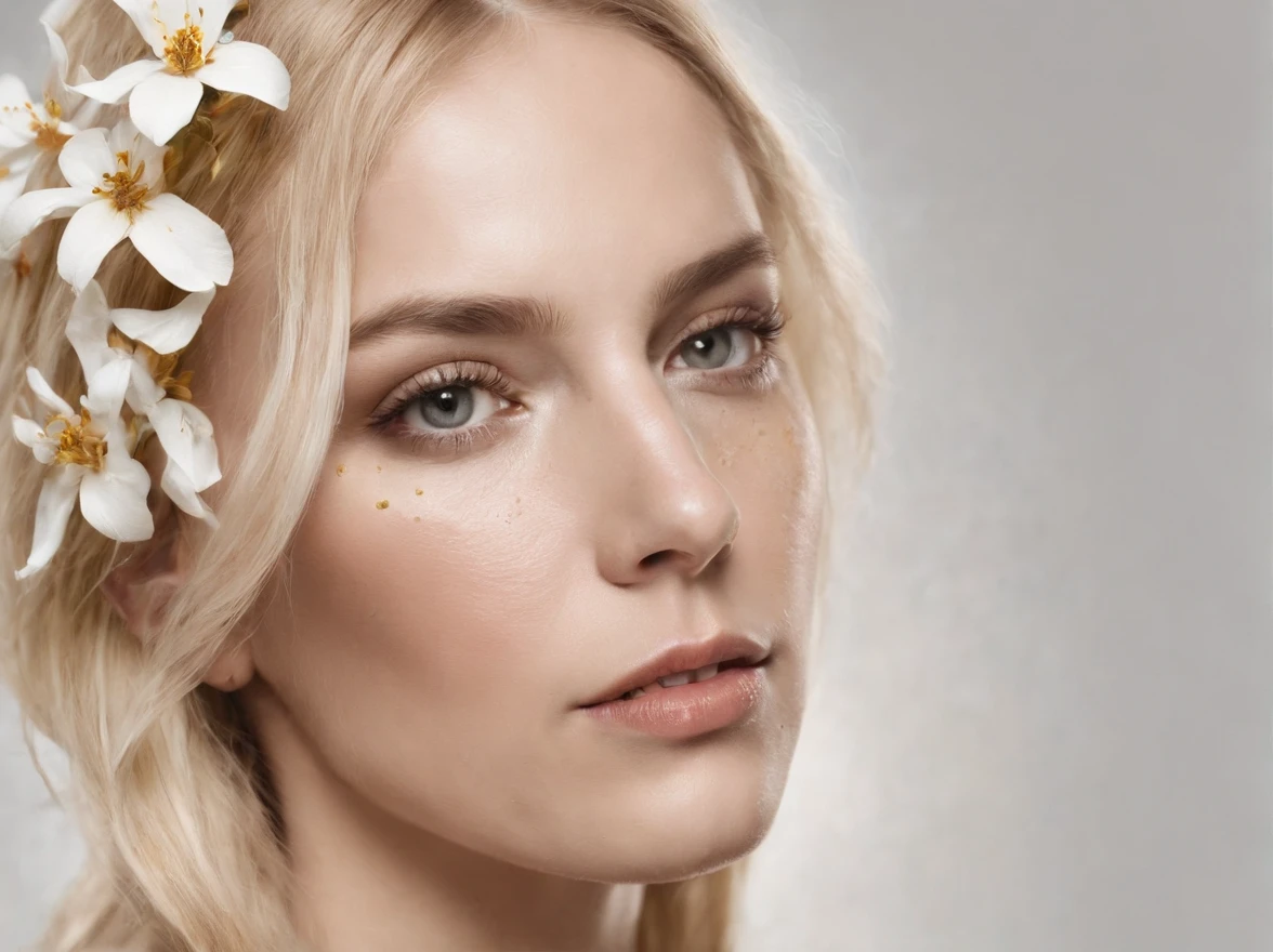 Caucasian woman in an illustration with dripping flowers on her face,upper body,blonde hair, in the style of collage-based, made of insects, william wegman, colorism, white background, pencil art illustrations, national geographic photo