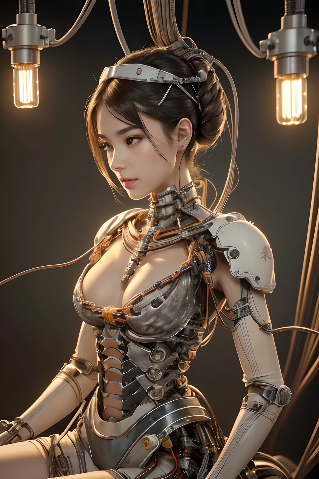 Full body like,(((Perfect face)))((Cowboy shot)), (((Masterpiece))), (((Best quality))), ((Ultra-detailed)), (Highly detailed CG illustration), ((An extremely delicate and beautiful)),((Chest covering)), Cinematic light,(((1机械女孩))),Solo,((The upper body is suspended with wires)),((Suspended with wires and tubes)), (machine made joints:1.2),((Mechanical limb)),(blood vessels attached to the tube),(Mechanical vertebrae attached to the back),((mechanical cervial attaching to neck)),(Sitting),Expressionless, (Chest covering), (wires and cables attaching to neck:1.2),(wires and cables on head:1.2),(Character focus),Science fiction, extreme detailed details, Colorful, highest details,Full body like