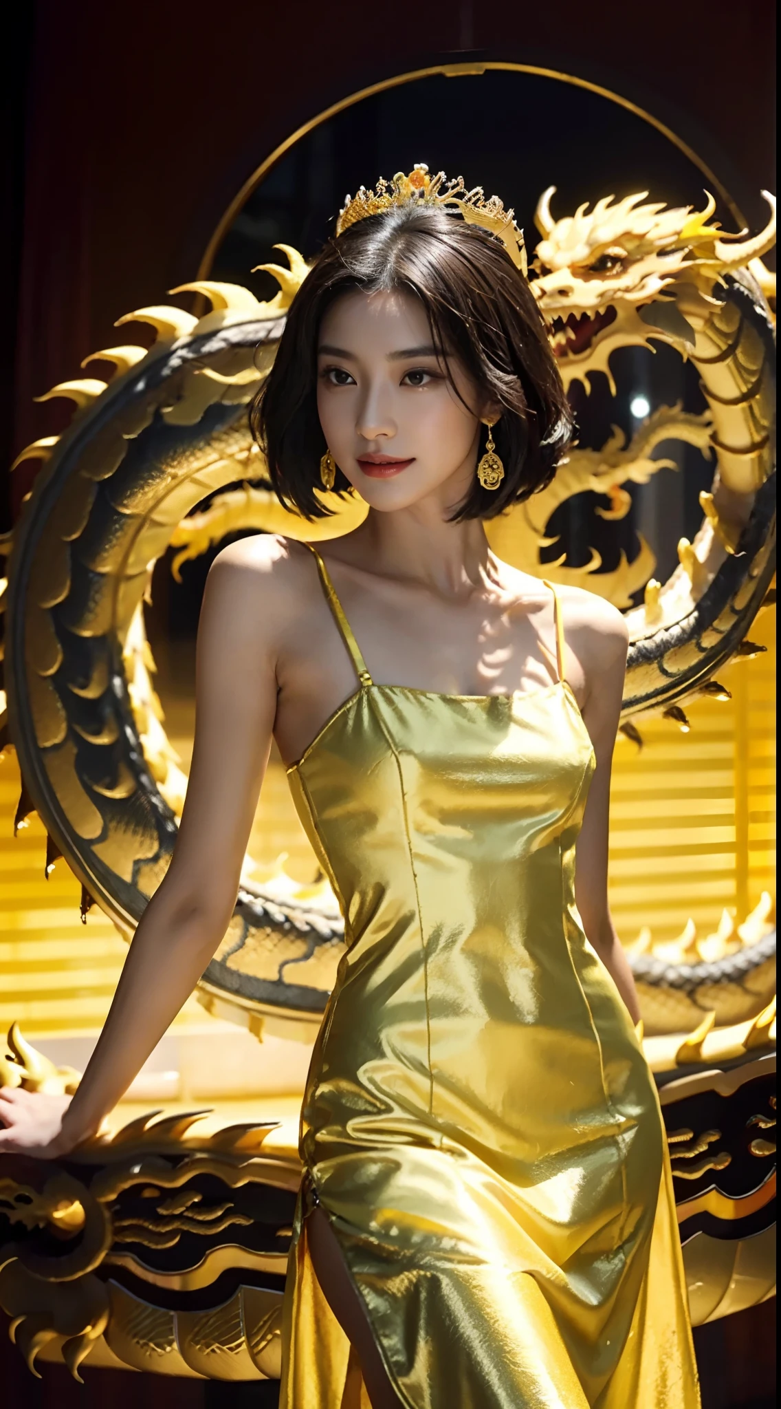 Sensual stylized woman, holding glass of drink, clothes in soft yellow and black color,