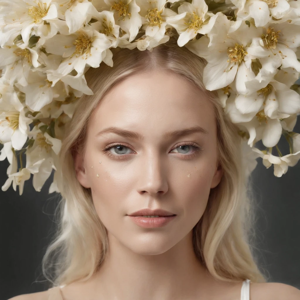 Caucasian woman in an illustration with dripping flowers on her face,upper body,blonde hair, in the style of collage-based, made of insects, william wegman, colorism, white background, pencil art illustrations, national geographic photo