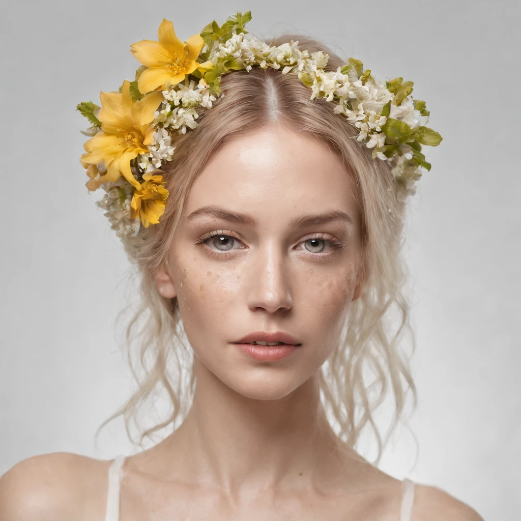Caucasian woman in an illustration with dripping flowers on her face,upper body,blonde hair, in the style of collage-based, made of insects, william wegman, colorism, white background, pencil art illustrations, national geographic photo
