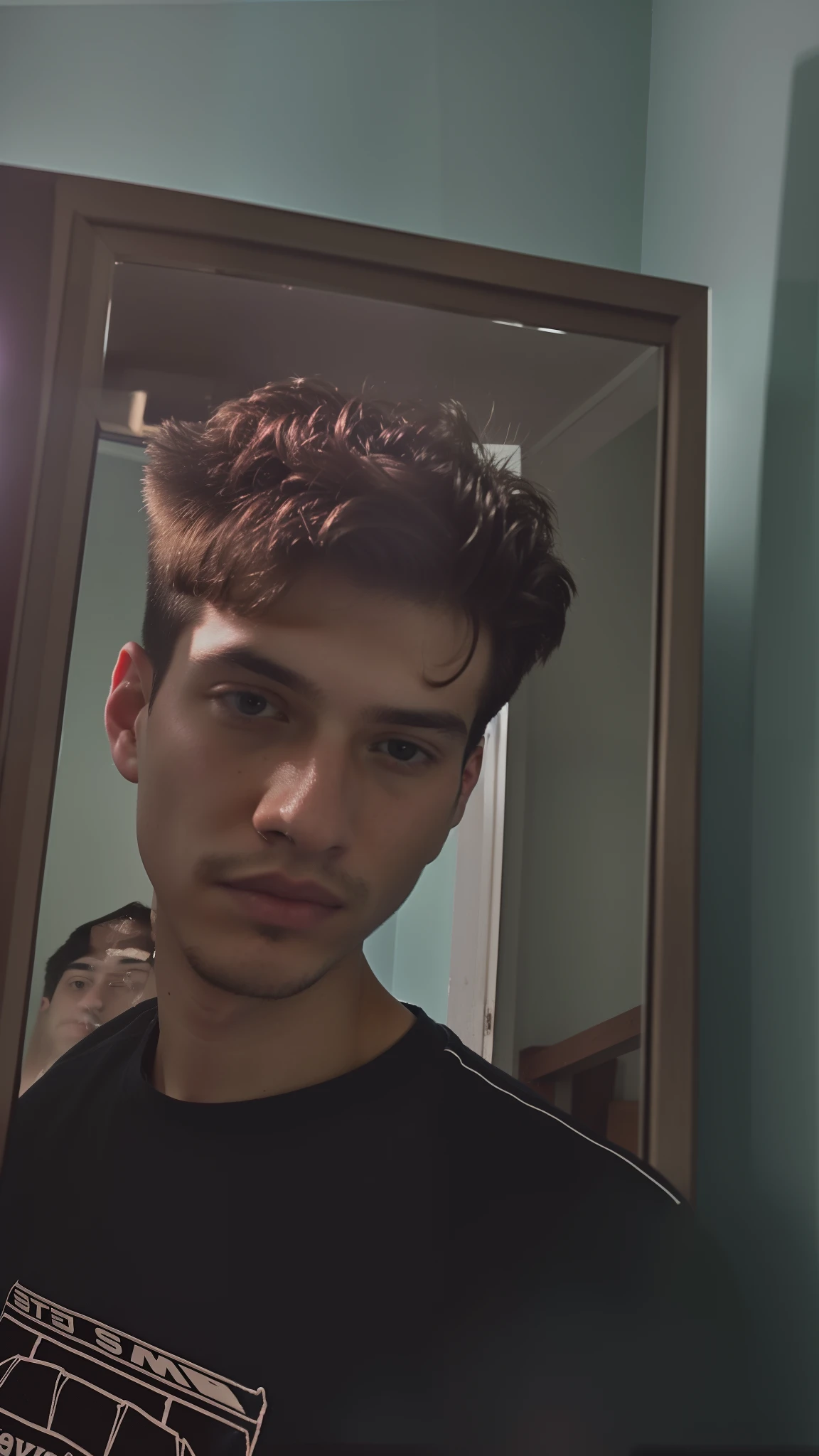 there is a man that is standing in front of a mirror, around 1 , with accurate face, front profile!!!!, very very low quality picture, selfie photo, clean shaven face, without mustache, good looking face, profile shot, 18 years old, without beard, shaven face, desaturated!!, taken with sony alpha 9, frontal picture