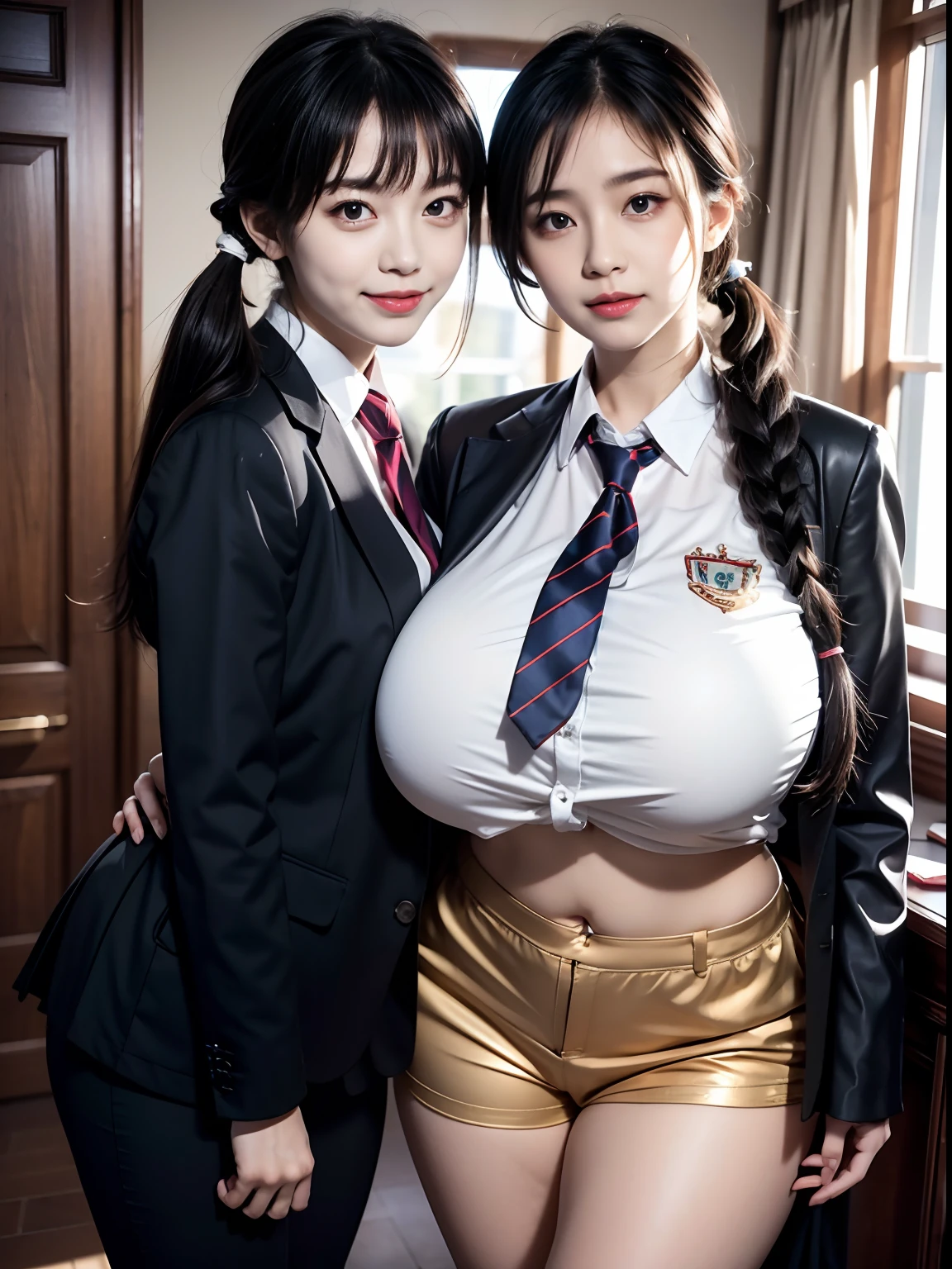 A girl in a school uniform and a girl in a suit stand together，Immature face，Cute temperament，Short stature，pigtails，partedbangs，ssmile，super gigantic breasts，Muscles throughout the body，little belly，（plumw，slightly fat big breasts），gigantic hip，fat hips，Huge ass，gigantic hip，The legs are long，beautiful foot