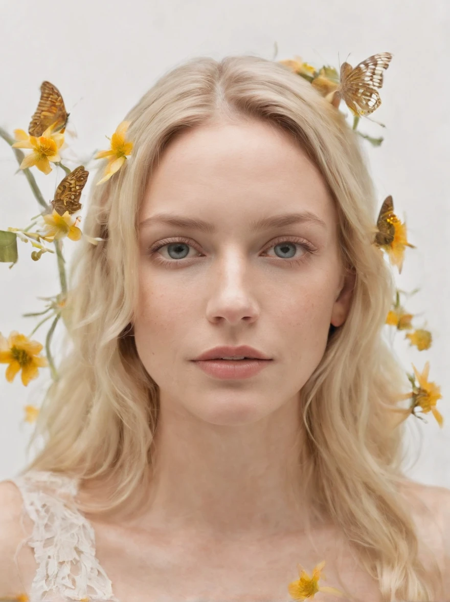 Caucasian woman in an illustration with dripping flowers on her face,upper body,blonde hair, in the style of collage-based, made of insects, william wegman, colorism, white background, pencil art illustrations, national geographic photo