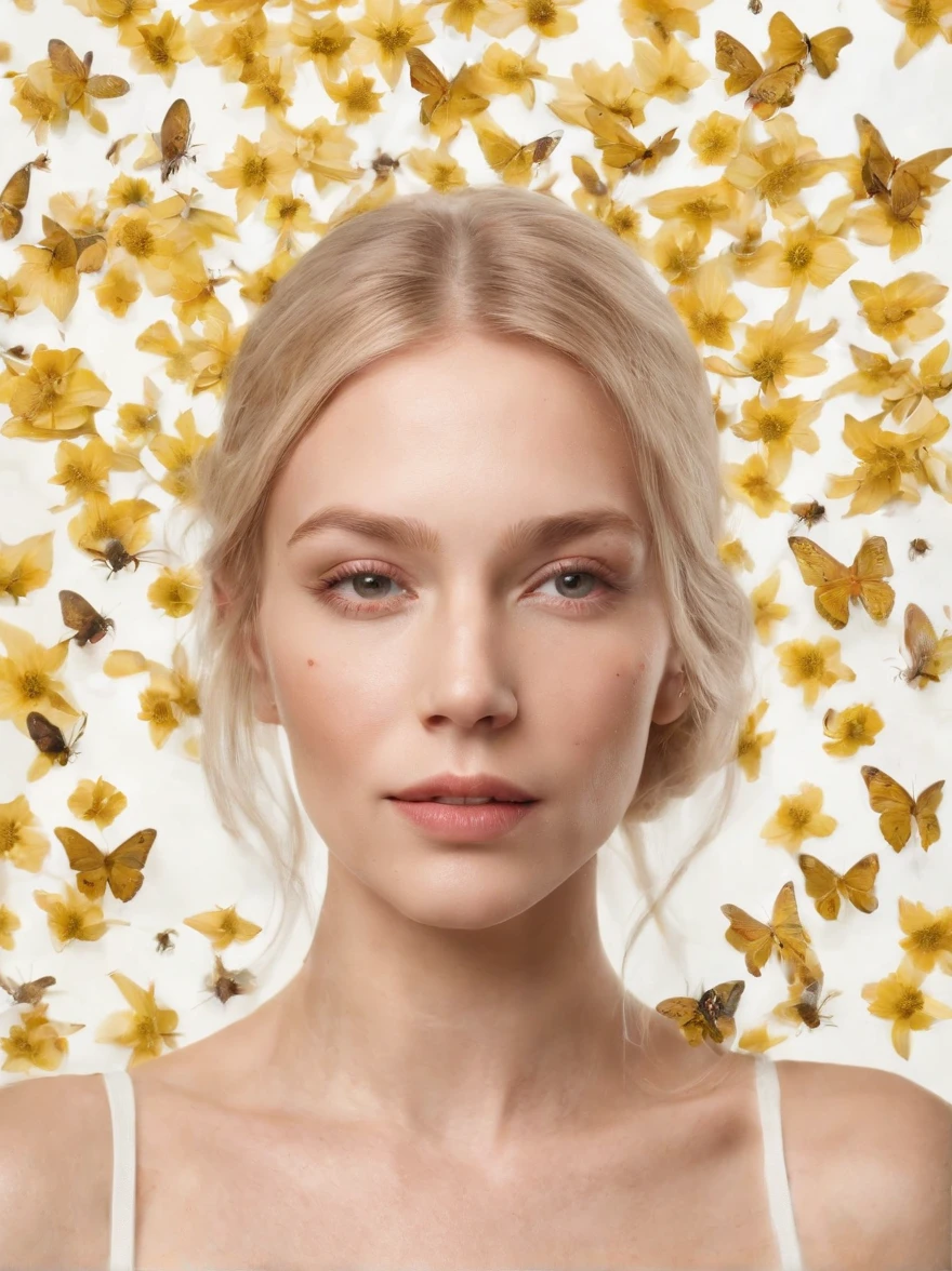 Caucasian woman in an illustration with dripping flowers on her face,upper body,blonde hair, in the style of collage-based, made of insects, william wegman, colorism, white background, pencil art illustrations, national geographic photo