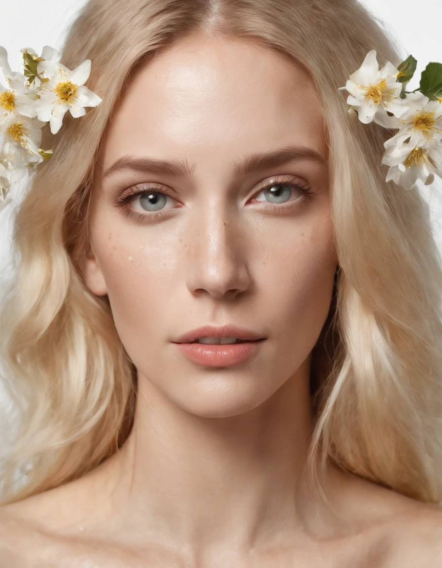 Caucasian woman in an illustration with dripping flowers on her face,upper body,blonde hair, in the style of collage-based, made of insects, william wegman, colorism, white background, pencil art illustrations, national geographic photo