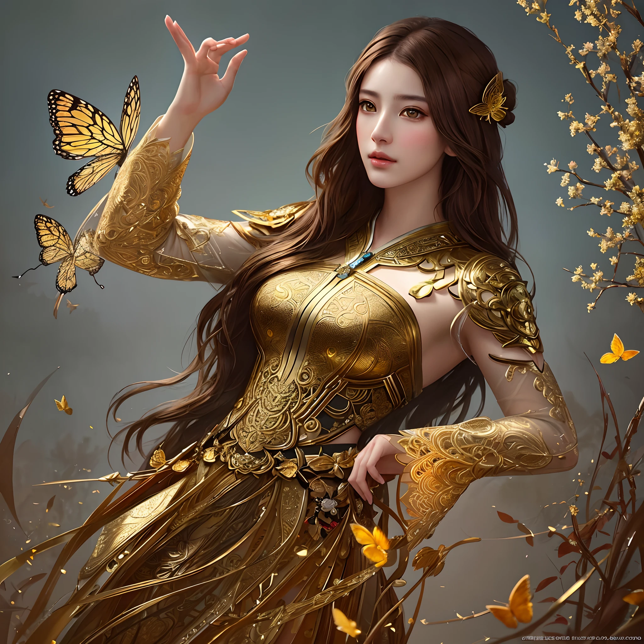 8k portrait of beautiful cyborg with brown hair, intricate, elegant, highly detailed, majestic, digital photography, art by artgerm and ruan jia and greg rutkowski surreal painting gold butterfly filigree, broken glass, (masterpiece, sidelighting, finely detailed beautiful eyes: 1.2), hdr,