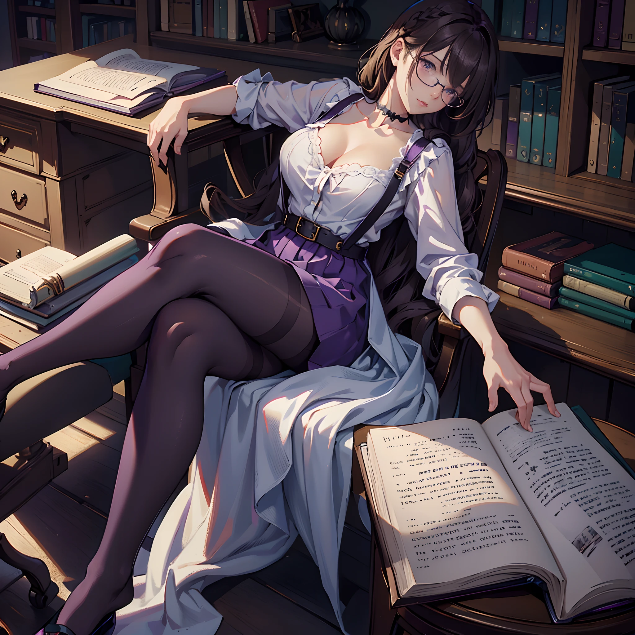 Solo, 1girl, masterpiece, best quality, extremly detailed, Cinematic lighting, intricate detail, highres, official art, finely detailed beautiful face and eyes, high resolution illustration, 8k, dark intense shadows, overexposure,  [blonde hair/brown hair], single braid, purple eyes, glasses, smug, sitting on chair, upper body, (opaque purple pantyhose), large breasts, V-neck, choker, white shirt, suspenders, book_stack, library, ((vine)), rose, looking at the viewer,