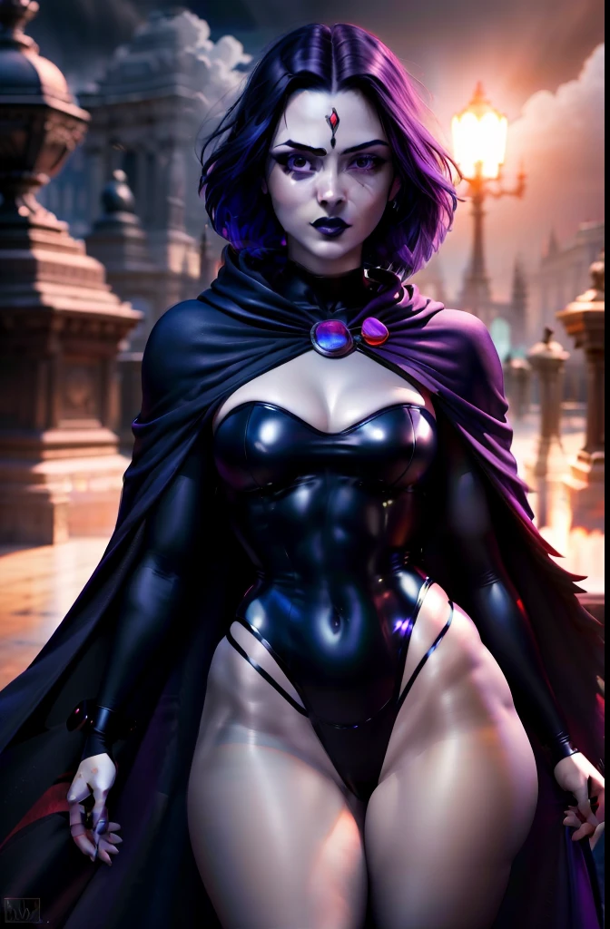 Masterpiece, digital artwork, famous artwork, gothgirl solo as raven , muscular, wide hips,  leotard, full-body angle,  dark atmosphere, grey skin, purple hair, forehead jewel, cape,black  leather thigh boots