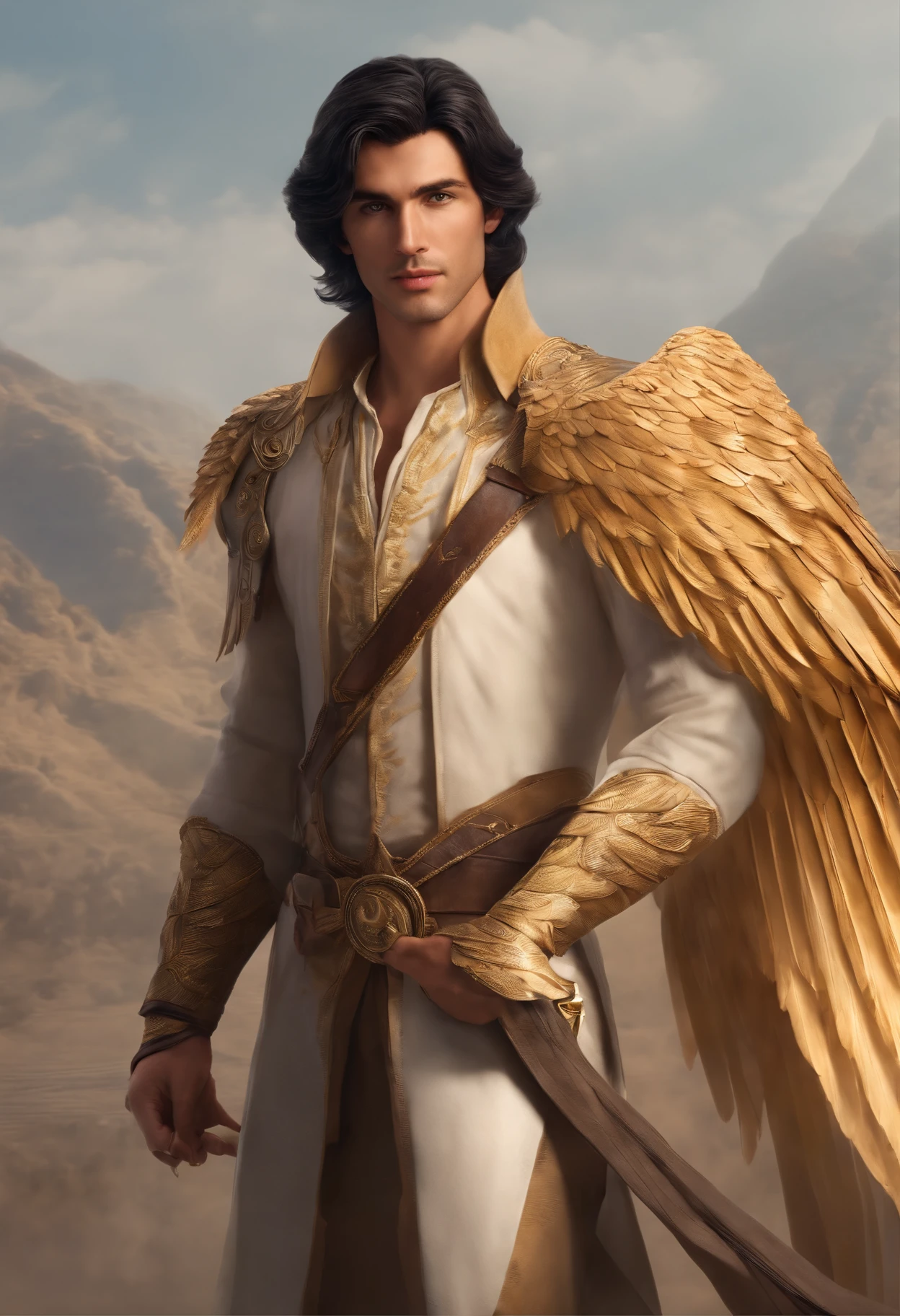 Young Caucasian bird guy, air manager. black hair of medium length, Stacked on one side. golden eyes. slight smile. stubble on the chin. Light-colored clothes. Large light brown wings behind the back. Bird's tail. Light-colored clothes