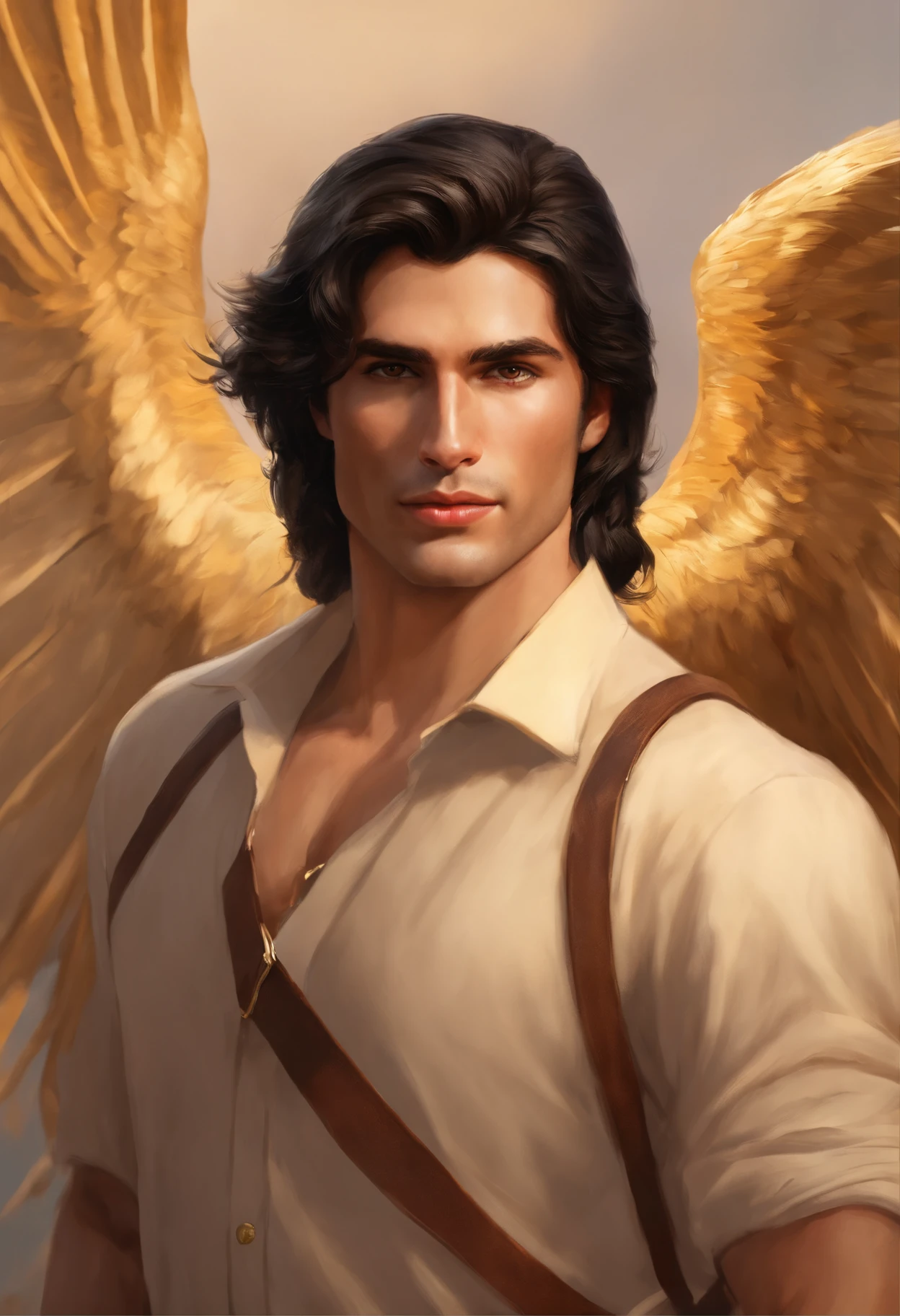 Young Caucasian bird guy, air manager. black hair of medium length, Stacked on one side. golden eyes. slight smile. stubble on the chin. Light-colored clothes. Large light brown wings behind the back. Bird's tail. Light-colored clothes