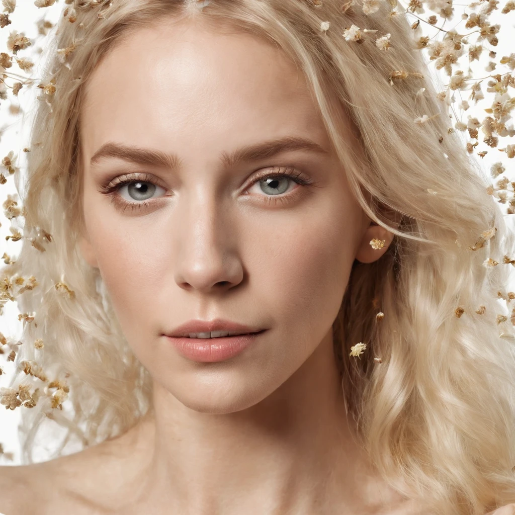 Caucasian woman in an illustration with dripping flowers on her face,upper body,blonde hair, in the style of collage-based, made of insects, william wegman, colorism, white background, pencil art illustrations, national geographic photo