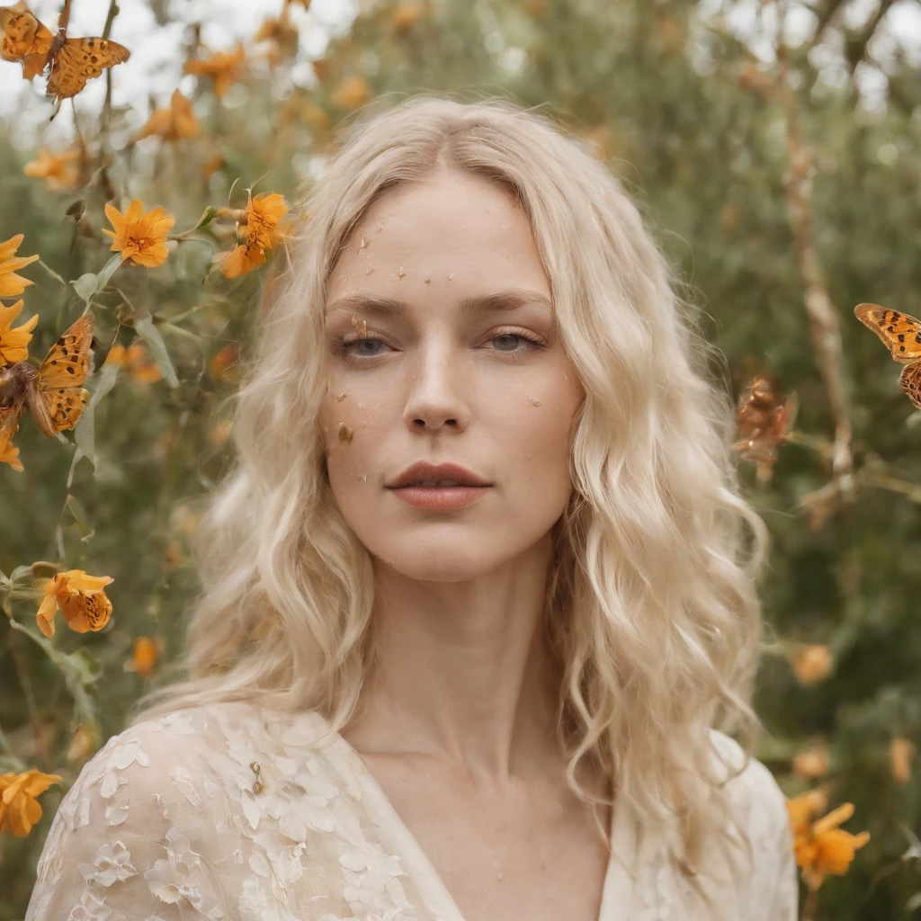 Caucasian woman in an illustration with dripping flowers on her face,upper body,blonde hair, in the style of collage-based, made of insects, william wegman, colorism, white background, pencil art illustrations, national geographic photo