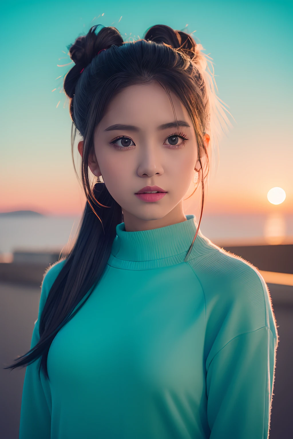 xxmixgirl, (masterpiece:1.0), (highest quality:1.12), (HDR:1.0), a girl with long double bun hair looking at viewer, (white hair), with a teal background and Sunset sky, constant, vaporwave colors, a character portrait, synchronization, detailed, realistic, 8k uhd, high quality ,himeno,Mechanical part,Leonardo Style,