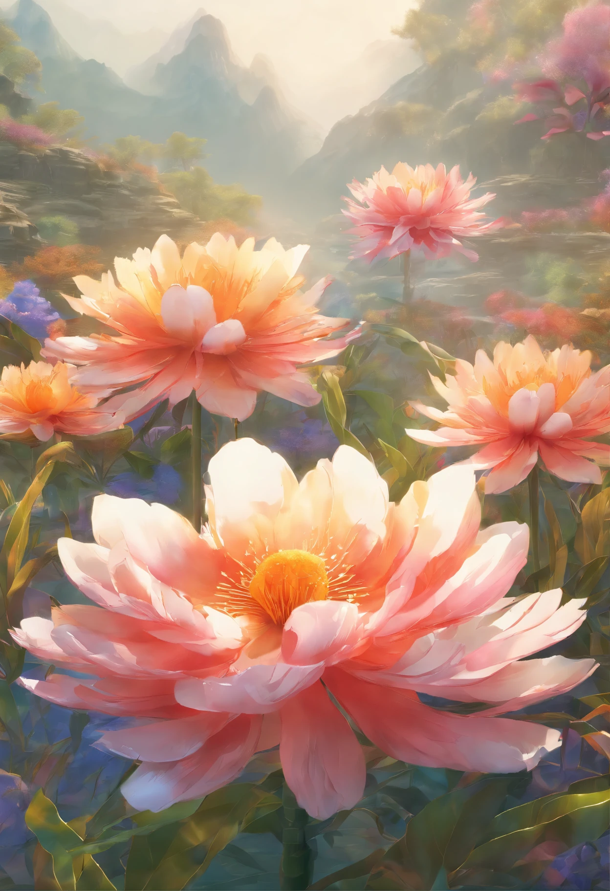 Field with beautiful flowers (close-up cleavage), meditate, Zazen, A meditative (Chinese landscape painting), (ink and watercolor painting), (8k wallpaper), (Light and Shadow Effect), rendering by octane, White balance design, Extremely detailed image representation, Wide angles, depth of fields, masterpiece, realistic, beautifully portrayed, a detailed, accurate, Masterpieces, masterpiece”