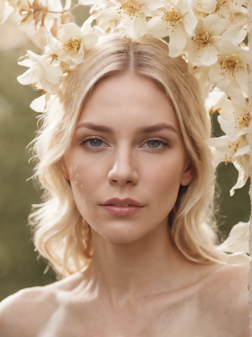 Caucasian woman in an illustration with dripping flowers on her face,upper body,blonde hair, in the style of collage-based, made of insects, william wegman, colorism, white background, pencil art illustrations, national geographic photo