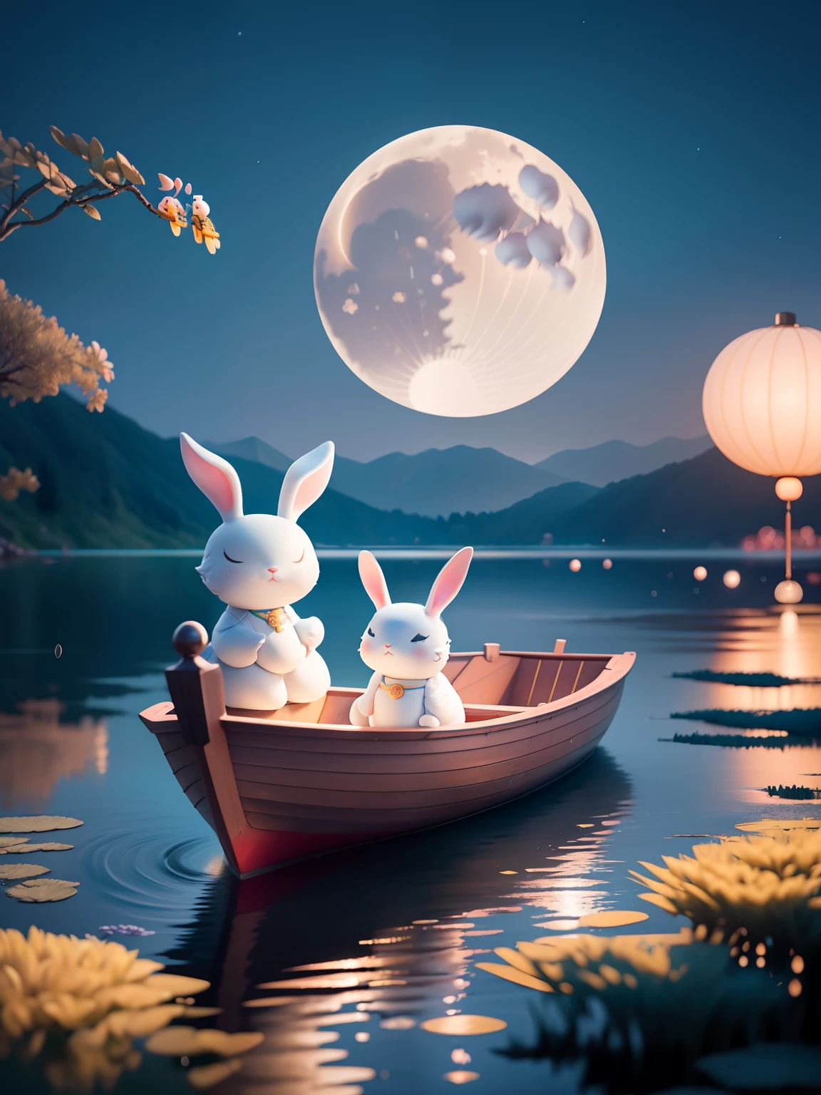 the night,Two rabbits boating on the lake,The background is a bright and bright moon,Blind box wind,Beautiful,high qulity,cinematic colorgrade,Traditional Chinese elements,National Day Mid-Autumn Festival poster,Blue lake,The breeze ruffled the lake,Ripples spread out