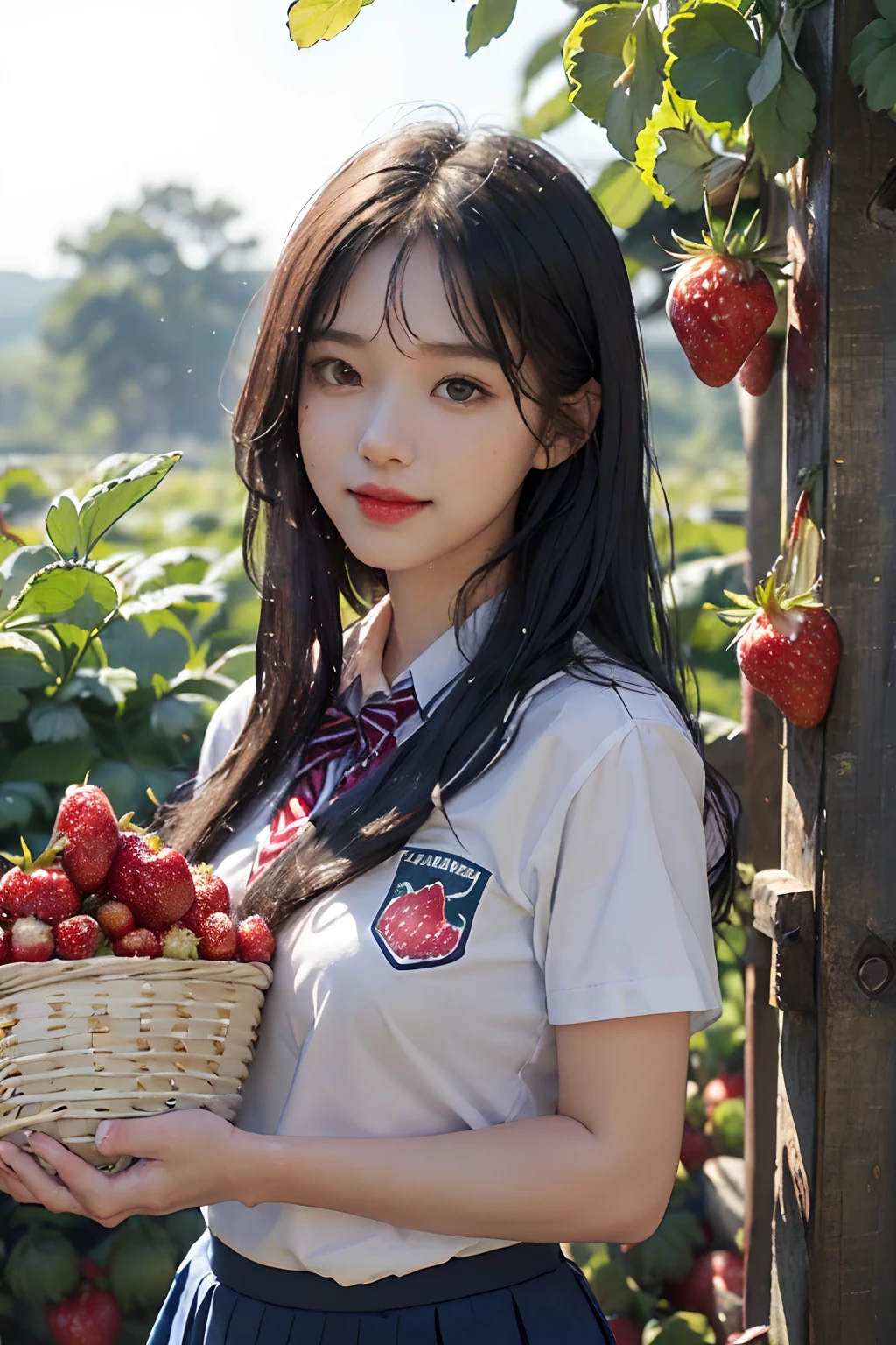 best quality, ultra high res, (1 girl:1.4), solo,(upper body:1.2), (photorealistic:1.4), (pretty teengirl:1.2),big breasts,balck long hair, parted bangs,air bangs, red lips,light_smile,(shot hair), wet, messy_blue hair, stick out,(school uniform:1.4),white shirt with blue collar, blue shorts,(looking at viewer:1.4),(a basket on her forearm:1.4),(picking strawberries:1.4), (strawberry farm:1.4), (rows of plants:1.4), (red berries:1.4), green leaves, sunshine, (baskets:1.2), picking,(pureerosface_v1:0.5)