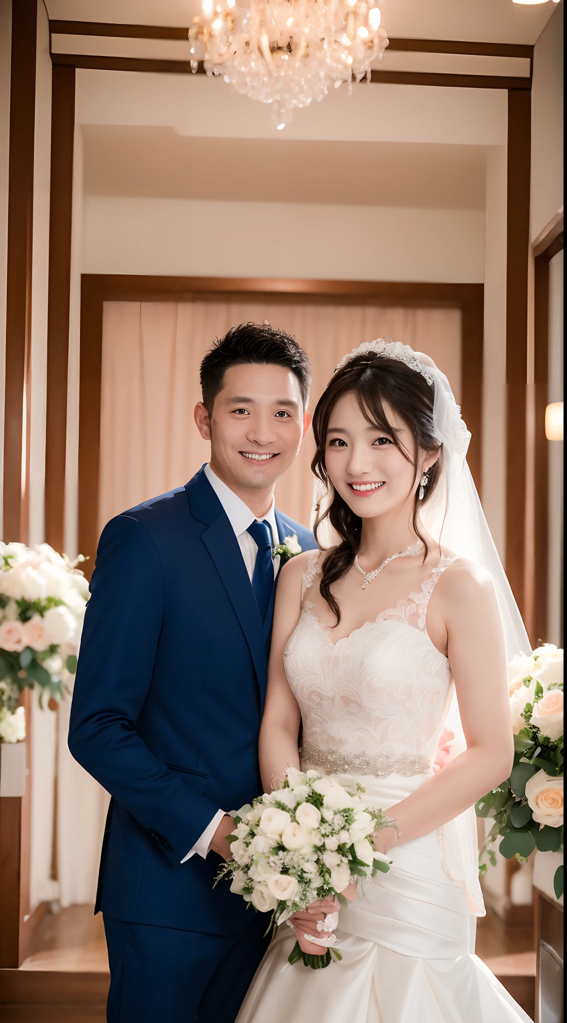 4K、top-quality、masutepiece、 ((20-year-old groom／40-year-old bride))、wedding hall、Looking at the camera,（smile1.6）