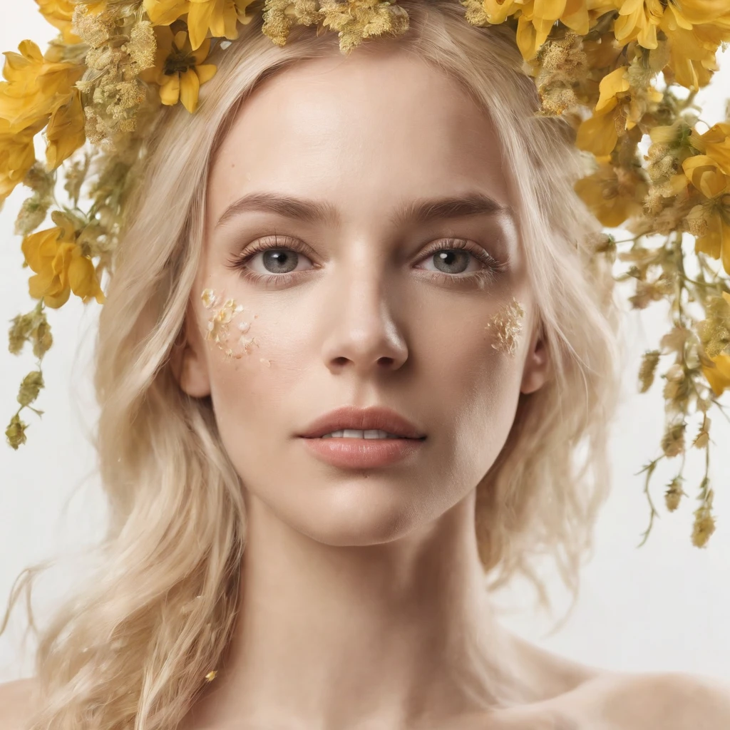 Caucasian woman in an illustration with dripping flowers on her face,upper body,blonde hair, in the style of collage-based, made of insects, william wegman, colorism, white background, pencil art illustrations, national geographic photo