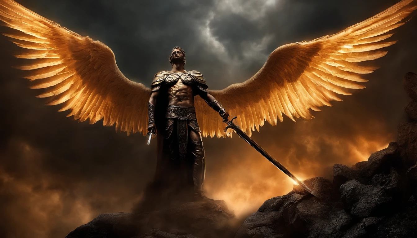 Das Bild der Engel Gottes,Standing in hell with sword in hand, Angels in Hell, Erzengel, Angels VS Demons, Angel observes demon, Angels and demons, Angels protect people, Erzengel Michael, Engel des Todes, Battle between angels and demons, Super breiter Engel, Epic Angel Wings, Angels protect those, die beten, Mensch braucht Todesengel. ((Episches Bild)), ((High quality)), 16k