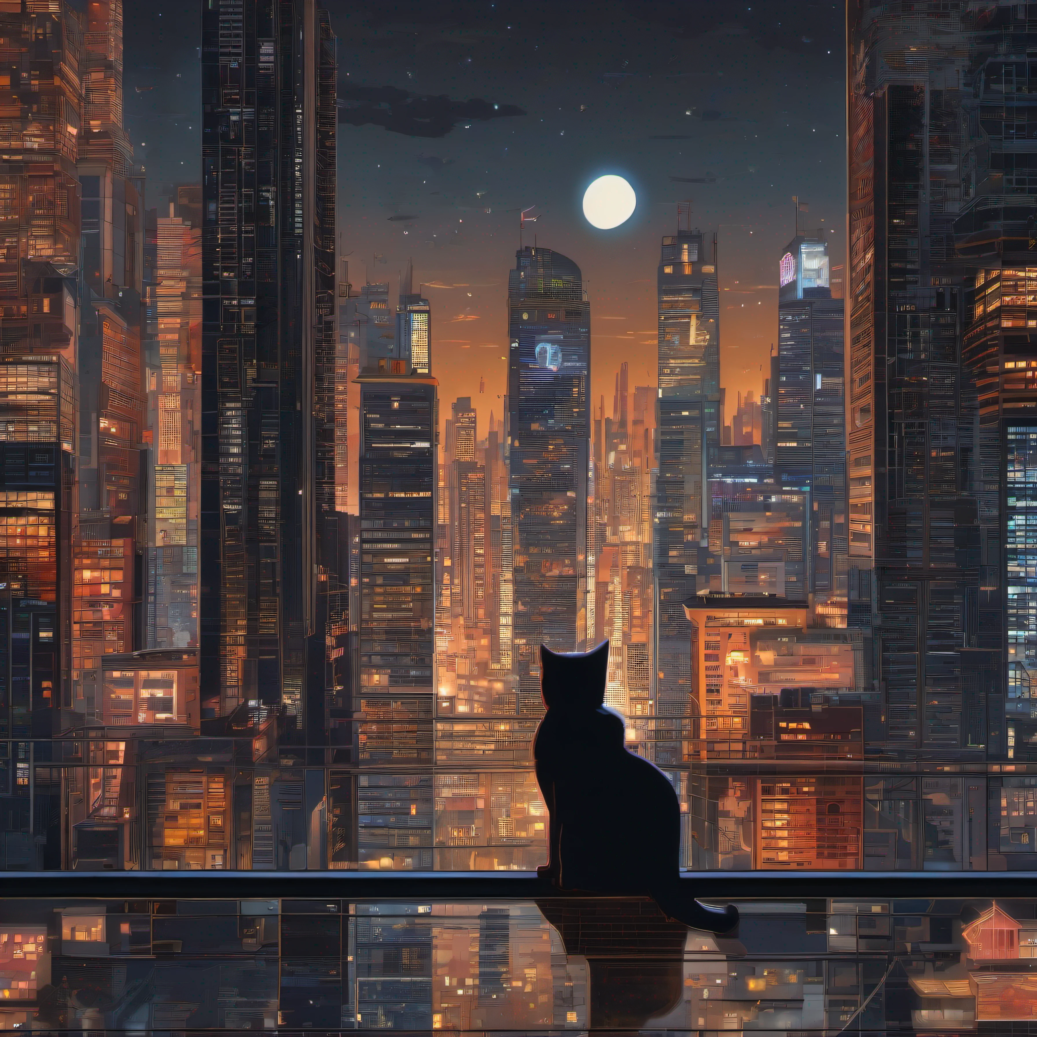 In a bustling city,
break
Cat hall in a skyscraper々and sitting. It surveys its territory with the air of conquerors. Its eyes shine with inner fire, Piercing the veil at night. Its fur, Black as the night sky, Twinkle under the city lights. Cats are the undisputed rulers of this urban jungle.