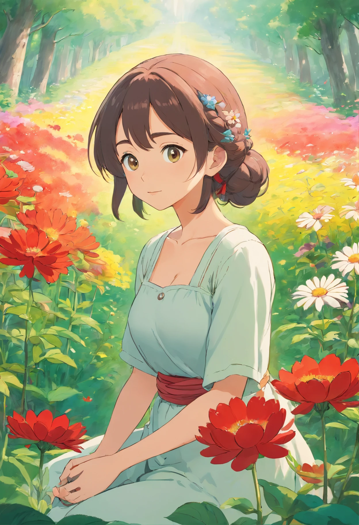 Field with beautiful flowers (close-up cleavage), meditate, Zazen, A meditative (Chinese landscape painting), (ink and watercolor painting), (8k wallpaper), (Light and Shadow Effect), rendering by octane, White balance design, Extremely detailed image representation, Wide angles, depth of fields, masterpiece, realistic, beautifully portrayed, a detailed, accurate, Masterpieces, masterpiece”