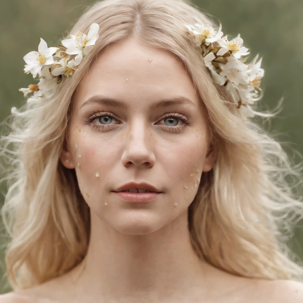 Caucasian woman in an illustration with dripping flowers on her face,upper body,blonde hair, in the style of collage-based, made of insects, william wegman, colorism, white background, pencil art illustrations, national geographic photo