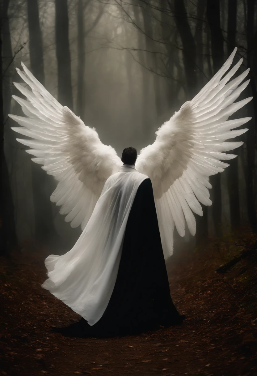 Lucifer's black wings and robe Battle with the angel Michael White wings and white robe in foggy dark forest, Sie flogen mit goldenen Schwertern,Large wings flew towards each other.