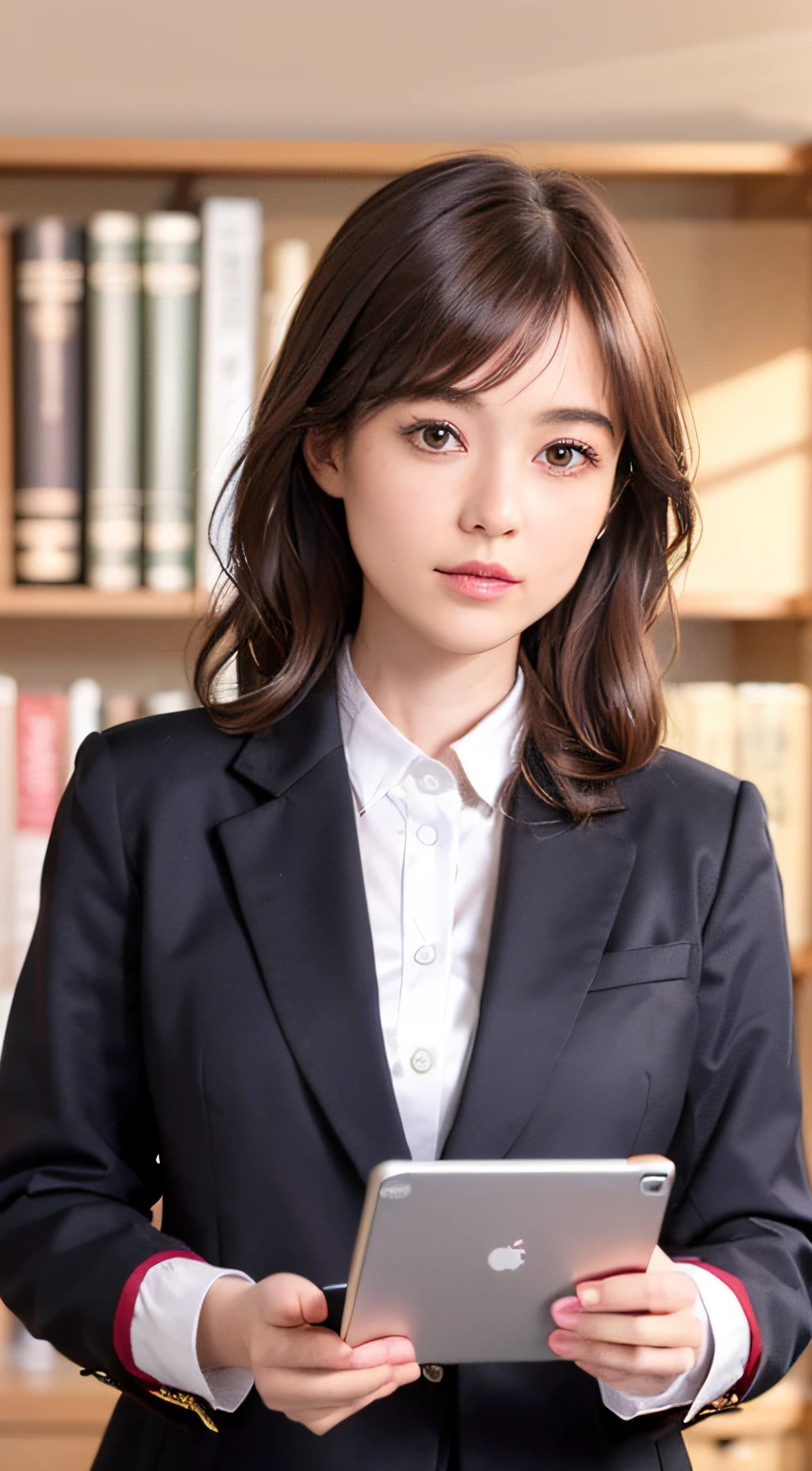 1girl, (from just front:2.0), solo, parted lips, (looking straight at viewer), upper body, small breasts, (holding a large tablet device with both hands), tailored jacket for women, blouse without ties, office lady, bookshelf, from just front