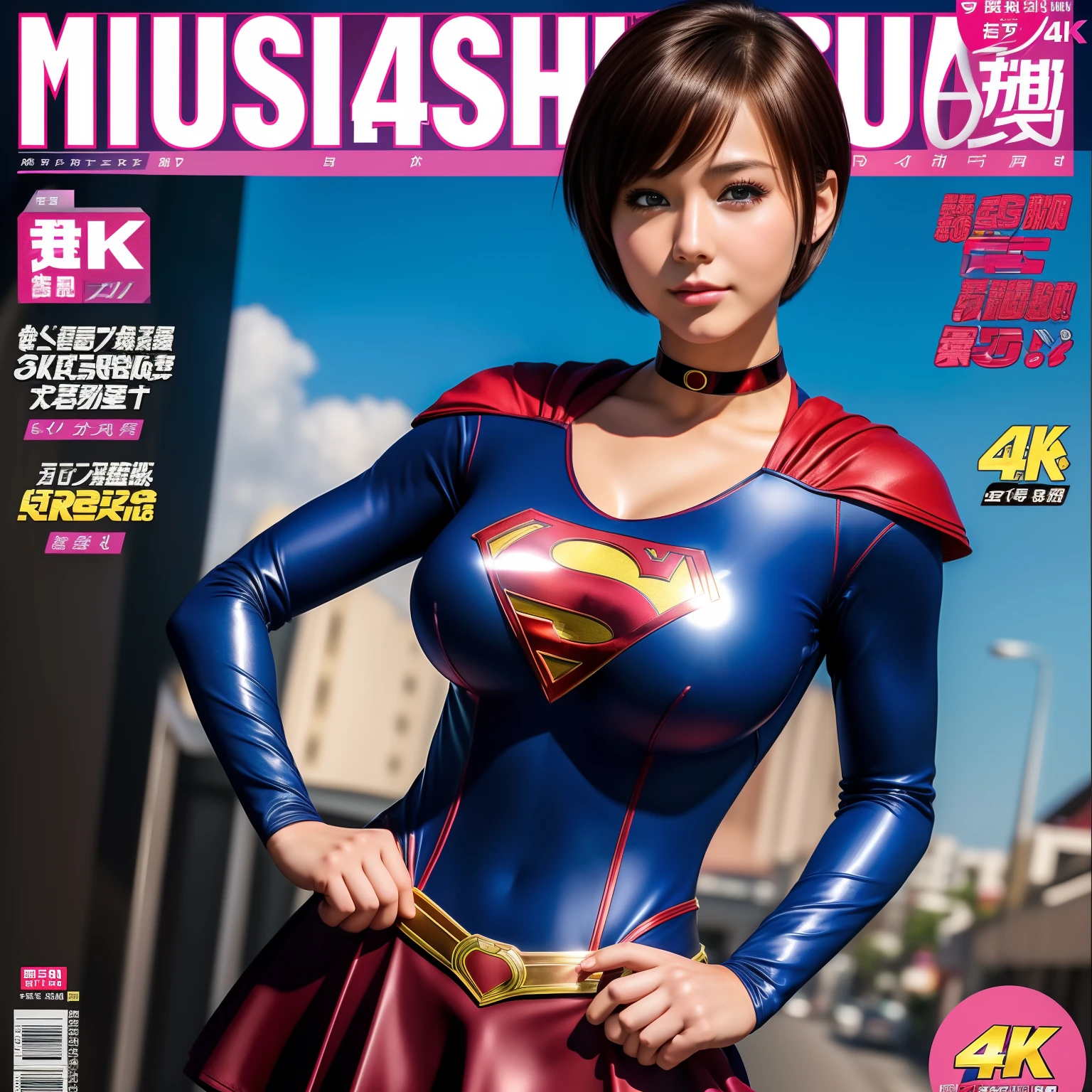 (Best Quality,4K,8K,hight resolution,masutepiece:1.2),Ultra-detailed,Realistic:1.37,Super masterpiece,Short-haired Supergirl、large full breasts、Looking at the camera、Glossy costume、a choker、Too short miniskirt、Magazine covers、Idol Magazines