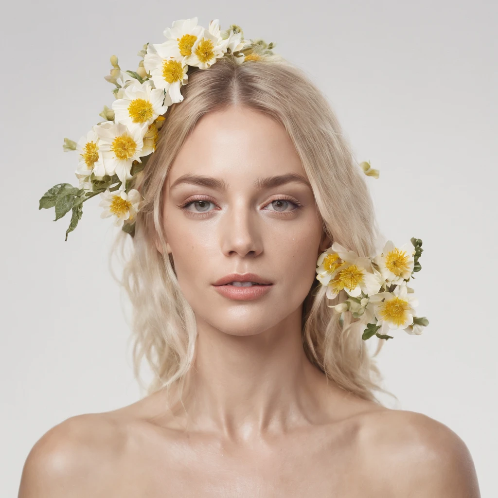 Caucasian woman in an illustration with dripping flowers on her face,upper body,blonde hair, in the style of collage-based, made of insects, william wegman, colorism, white background, pencil art illustrations, national geographic photo,full body