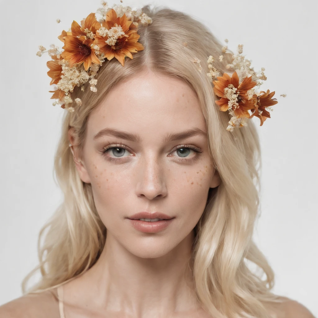 Caucasian woman in an illustration with dripping flowers on her face,upper body,blonde hair, in the style of collage-based, made of insects, william wegman, colorism, white background, pencil art illustrations, national geographic photo,full body