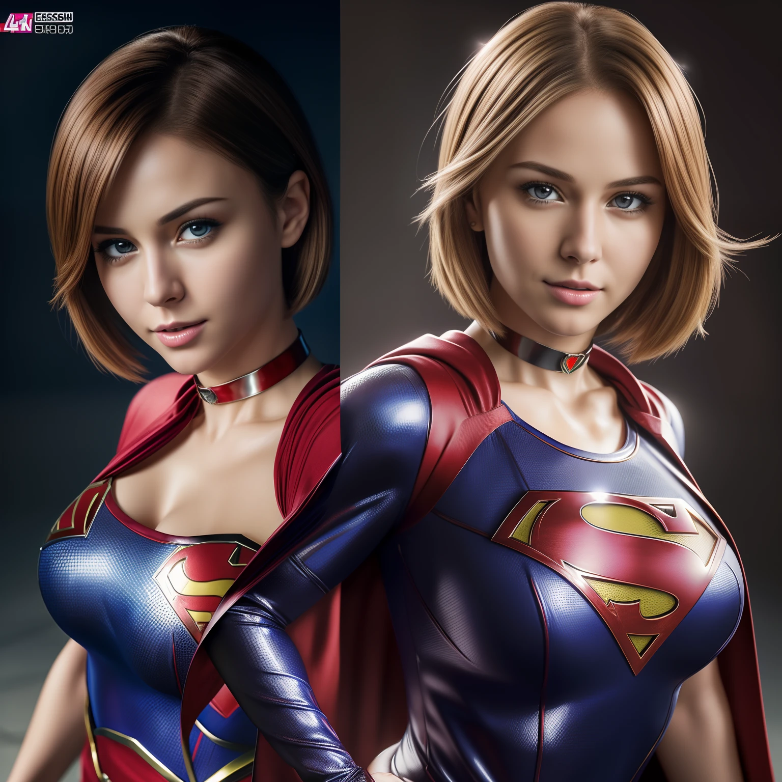 (Best Quality,4K,8K,hight resolution,masutepiece:1.2), Ultra-detailed, (Realistic,Photorealistic,Photorealsitic:1.37) Portrait of Supergirl with short hair, Bigchest, Looking into the camera, Wearing a shiny costume, a choker, Very short miniskirt, Similar to Magazine Cover.