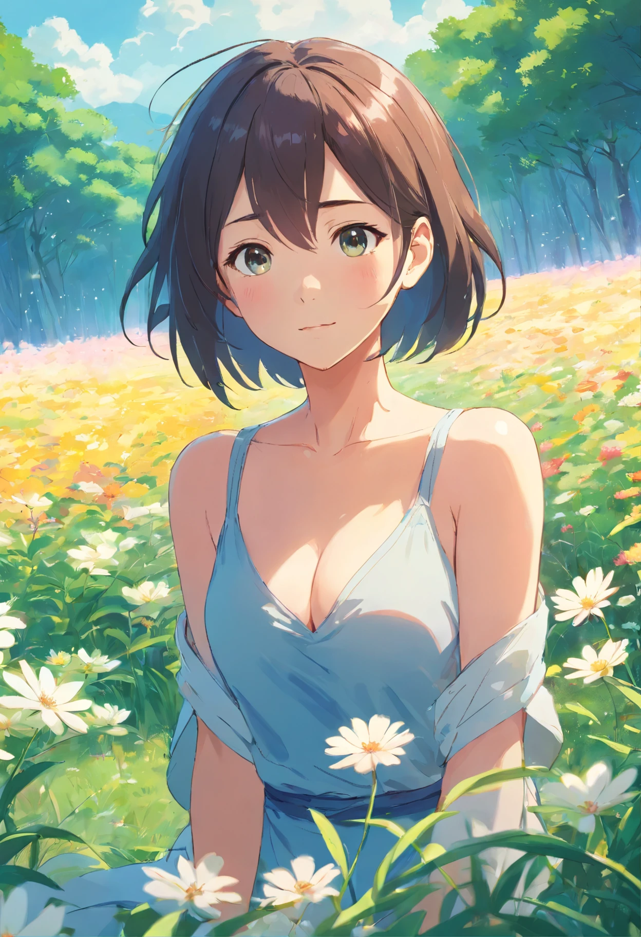 Field with beautiful flowers (close-up cleavage), meditate, Zazen, A meditative (Chinese landscape painting), (ink and watercolor painting), (8k wallpaper), (Light and Shadow Effect), rendering by octane, White balance design, Extremely detailed image representation, Wide angles, depth of fields, masterpiece, realistic, beautifully portrayed, a detailed, accurate, Masterpieces, masterpiece”