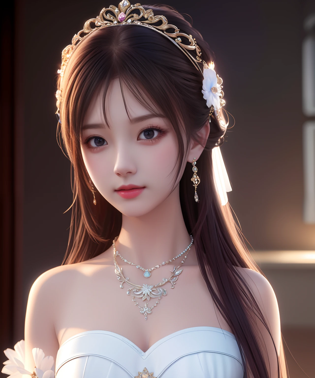 Best quality, masterpiece, high resolution, 1girl, porcelain dress, hair accessories, necklace, jewelry, beautiful face, on the body, Tyndall effect, realistic, dark studio, edge lighting, two-tone lighting, (high detail skin: 1.2), 8k UHD, dslr, soft light, high quality, volumetric light, candid, photo, high resolution, 4k, 8k, background blur,