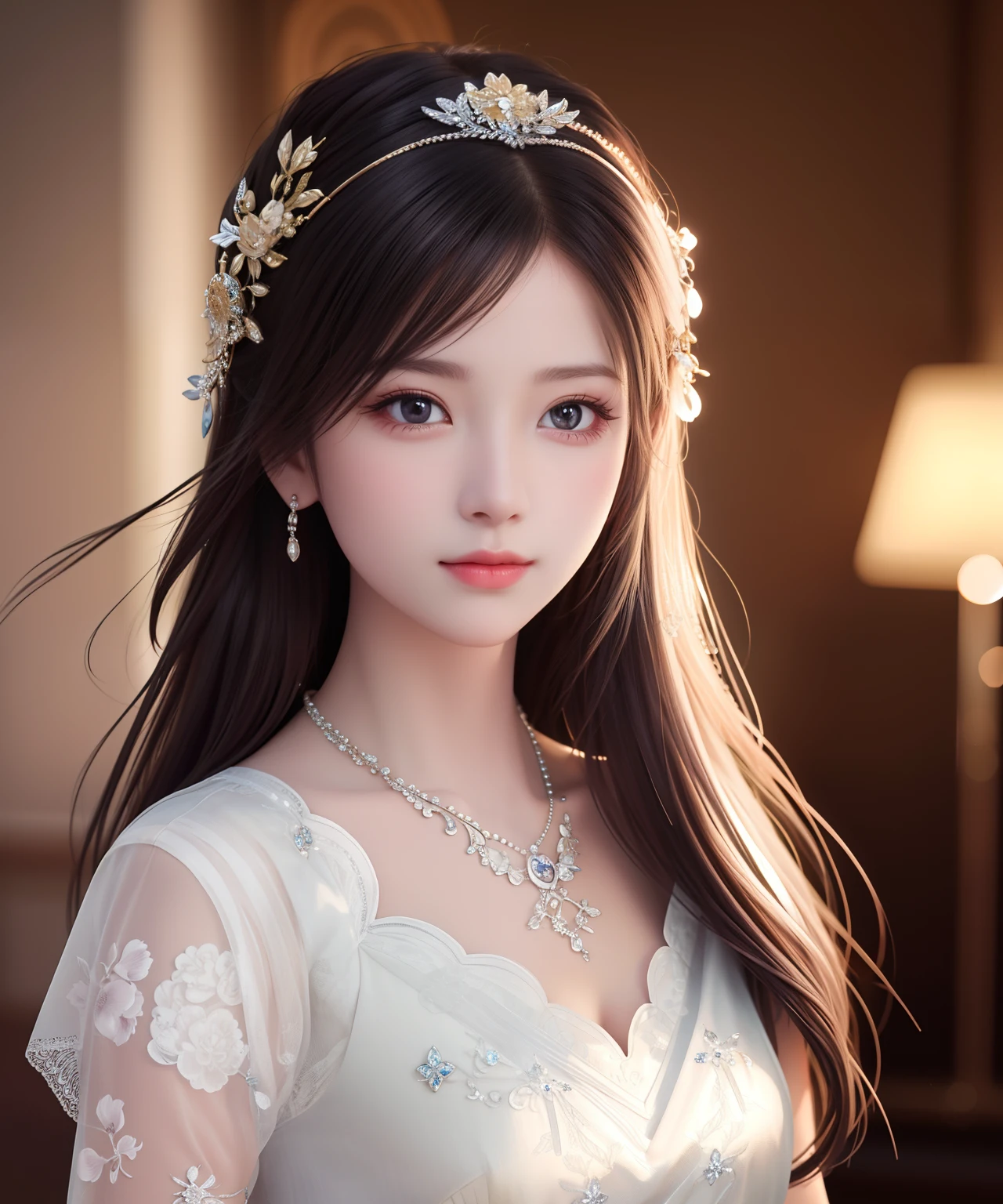 Best quality, masterpiece, high resolution, 1girl, porcelain dress, hair accessories, necklace, jewelry, beautiful face, on the body, Tyndall effect, realistic, dark studio, edge lighting, two-tone lighting, (high detail skin: 1.2), 8k UHD, dslr, soft light, high quality, volumetric light, candid, photo, high resolution, 4k, 8k, background blur,