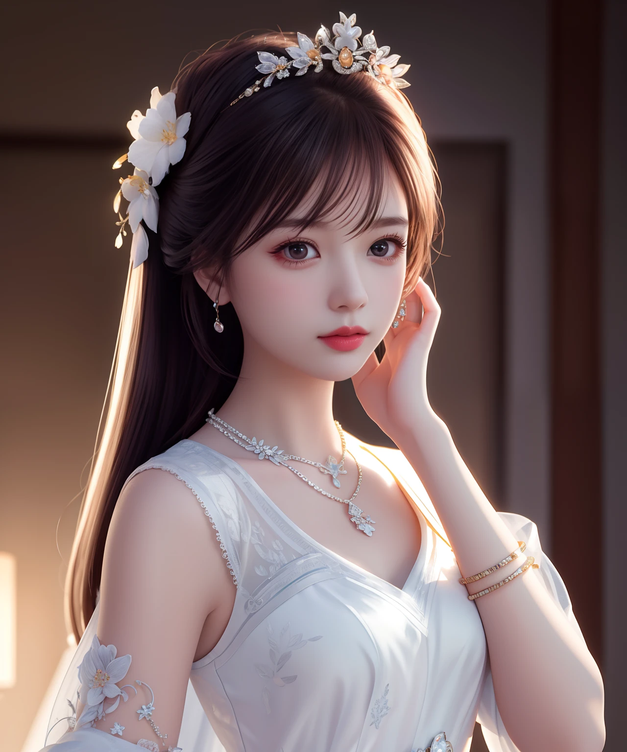 Best quality, masterpiece, high resolution, 1girl, porcelain dress, hair accessories, necklace, jewelry, beautiful face, on the body, Tyndall effect, realistic, dark studio, edge lighting, two-tone lighting, (high detail skin: 1.2), 8k UHD, dslr, soft light, high quality, volumetric light, candid, photo, high resolution, 4k, 8k, background blur,