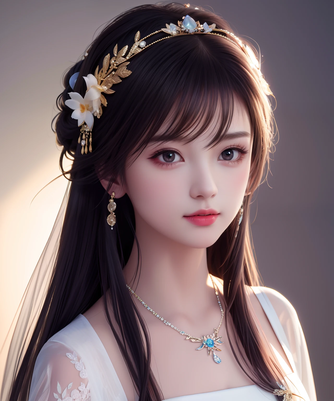 Best quality, masterpiece, high resolution, 1girl, porcelain dress, hair accessories, necklace, jewelry, beautiful face, on the body, Tyndall effect, realistic, dark studio, edge lighting, two-tone lighting, (high detail skin: 1.2), 8k UHD, dslr, soft light, high quality, volumetric light, candid, photo, high resolution, 4k, 8k, background blur,