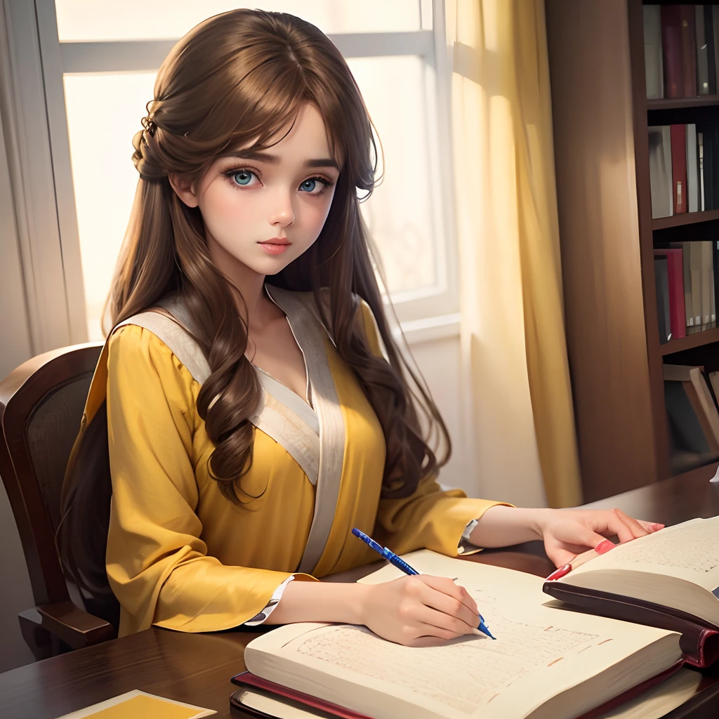 Cute girl blue eyes, long brown hairs, smooth face, long yellow kameez with white outline, yellow shalwaar, red lipstick, holding a pen on a book