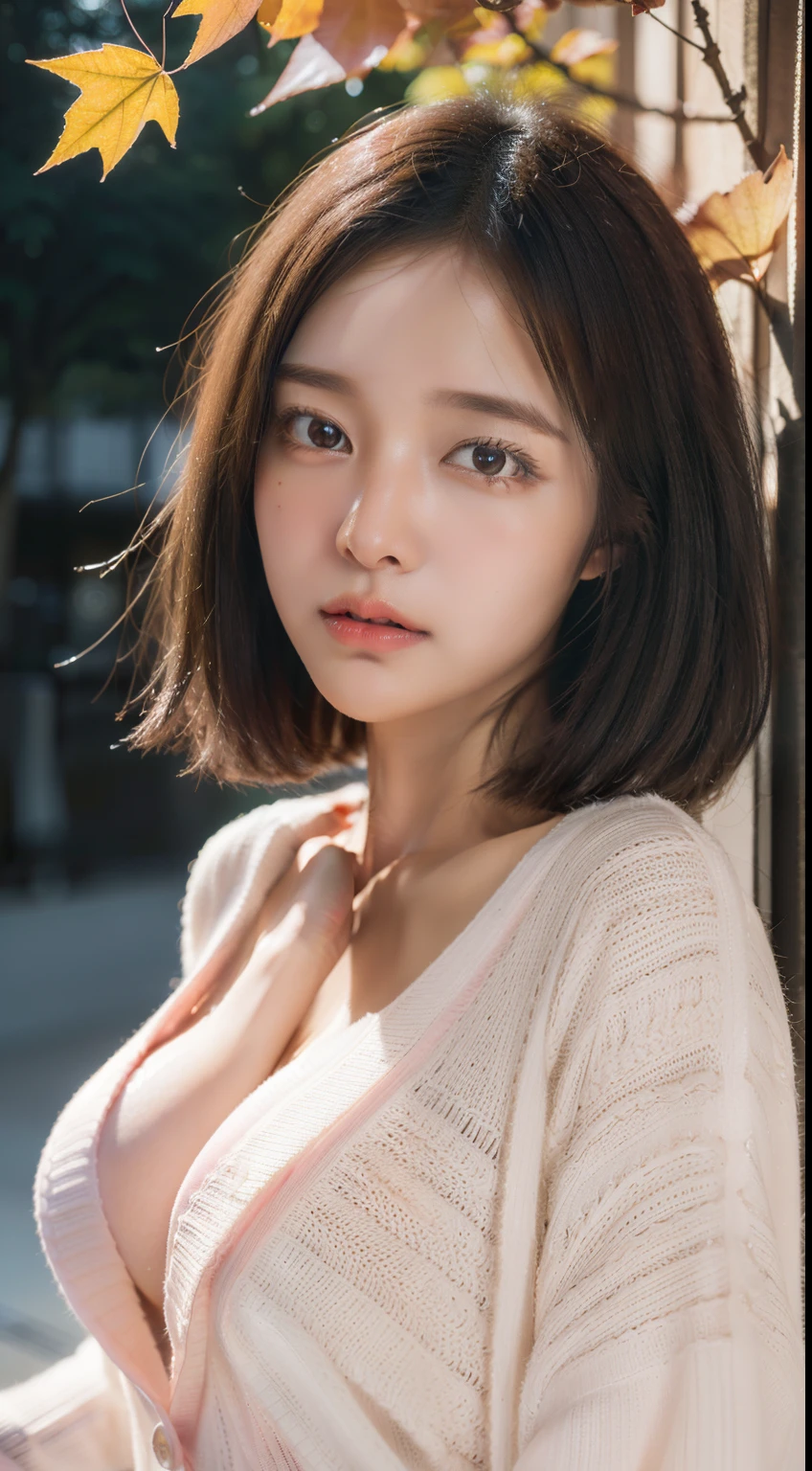 (photographed:1.2)、(Photorealsitic:1.4)、(masterpiece:1.3)、(top-quality:1.4)、超A high resolution、(A detailed eye)、(detailed facial features)、(detailed clothes features)、8K分辨率、solofocus、bangss、Double eyelids、Beautiful lips、toned legs、(Slender girl)、(a japanese girl)、(Japan Faces)、1 girl in、Slim Beauty:1.3、brown haired、Delicate hair、The background is a row of ginkgo trees、(((Autumn clothes)))、(Long dress in white)、(((Pink long-sleeved cardigan)))、In the street、(Beautiful breasts:1.2)、Realistic body、de pele branca、Slim body、(short-hair:1.2)、(bangss: 1.2)、Bruises and ugly face、kawaii faces、Lifelike face、Delicate body、((sexy pose))、stunning lighting、a beauty girl