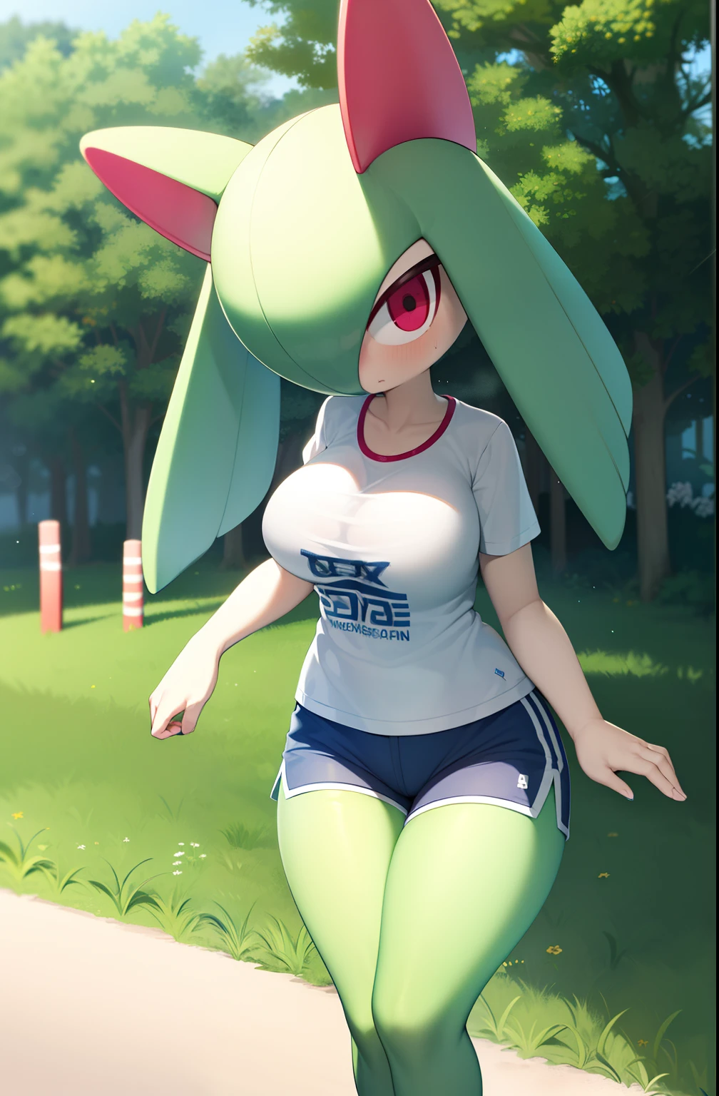 masterpiece, best quality, 1 girl, solo, kirlia, green hair, red eyes, wears a nlanca t-shirt, wears blue shorts, porcelain skin, outdoors, running, her t-shirt has transparencies and shows that underneath she wears a blue bra, sweating, tired, big breasts, big round female breasts, tight shorts, marked female genitalia.