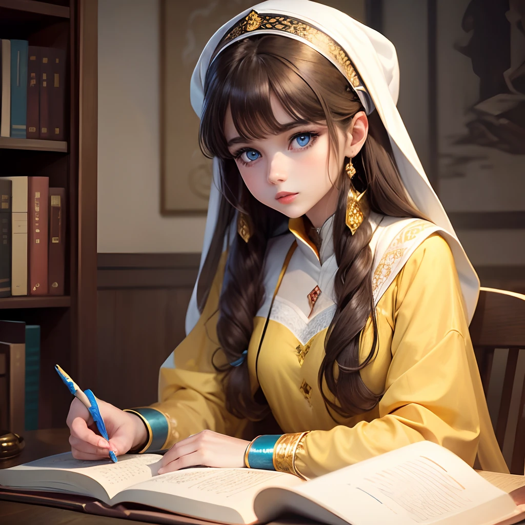 Cute girl blue eyes, long brown hairs, smooth face, long yellow kameez with white outline, yellow shalwaar, red lipstick, holding a pen on a book