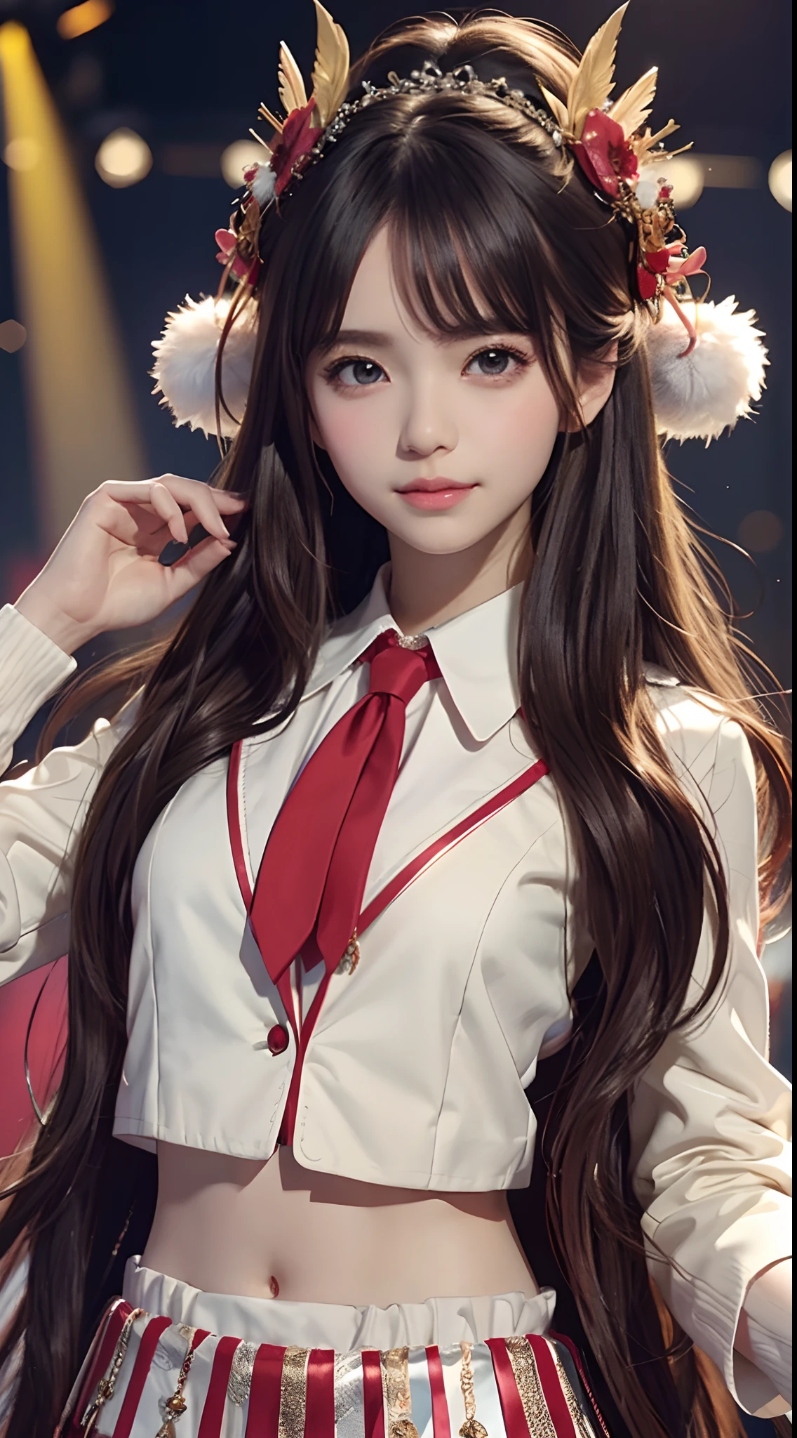​masterpiece、1 Beautiful Girl、A detailed face、A detailed eye、Detailed skin、Detailed hand、top-quality、Illuminated from the front with bright lighting、profetional lighting、Facing straight ahead、The background is a little blurry、The costumes are idol costumes like AKB48(Check short skirt、Jacket feather hair ornament、Cute tie)、Trendy Korean Cosmetics、Amazing smile、Dancing on a live stage、
Some of the costumes and hair ornaments are red、
Hairstyle is long hair、
Age is 18 years old、
Left arm spread wide、
