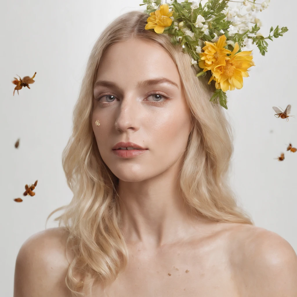Caucasian woman in an illustration with dripping flowers on her face,upper body,blonde hair, in the style of collage-based, made of insects, william wegman, colorism, white background, pencil art illustrations, national geographic photo,full body