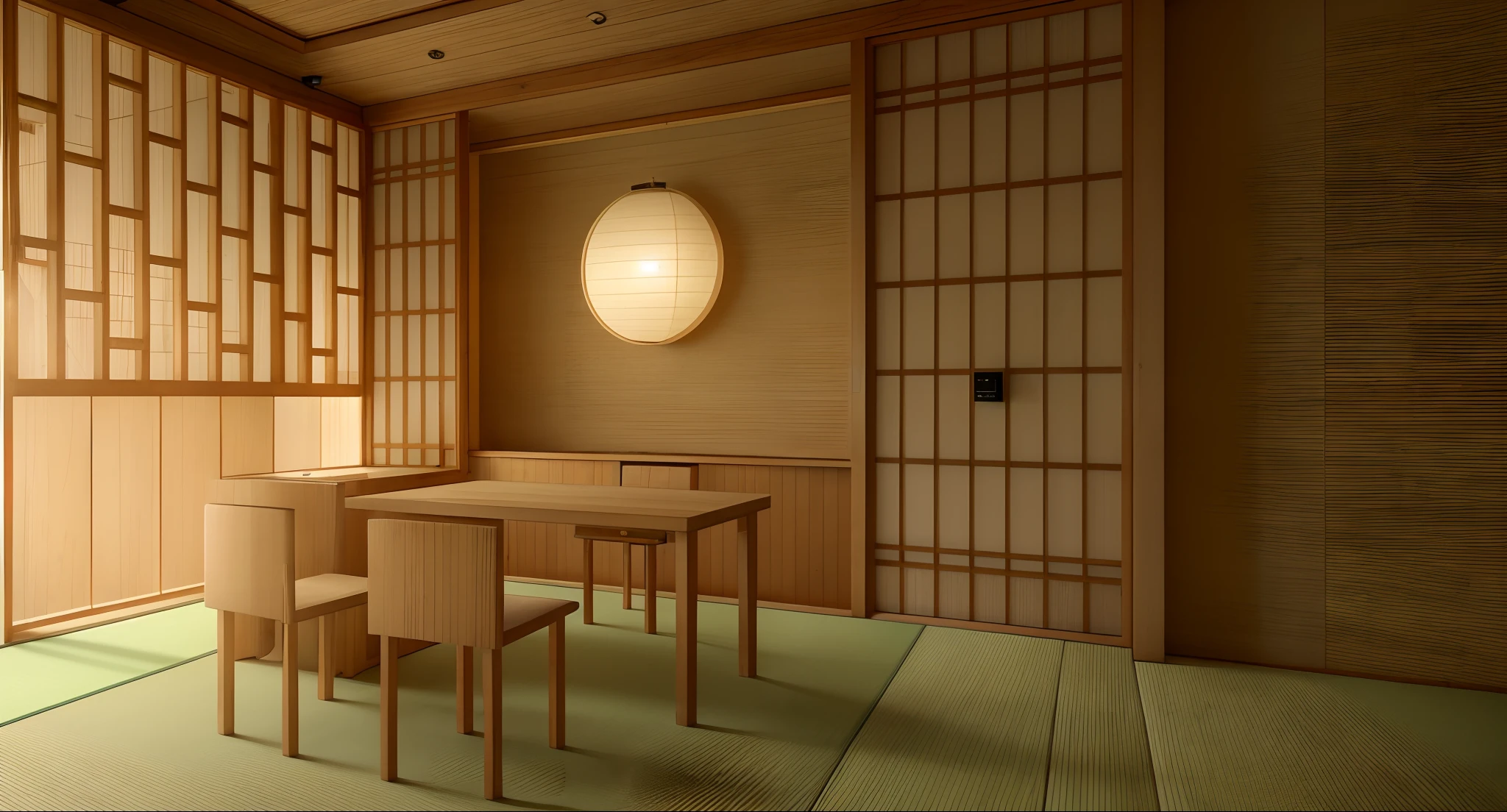 relaxing tea room interior, japanese style, natural light wood, interior light
