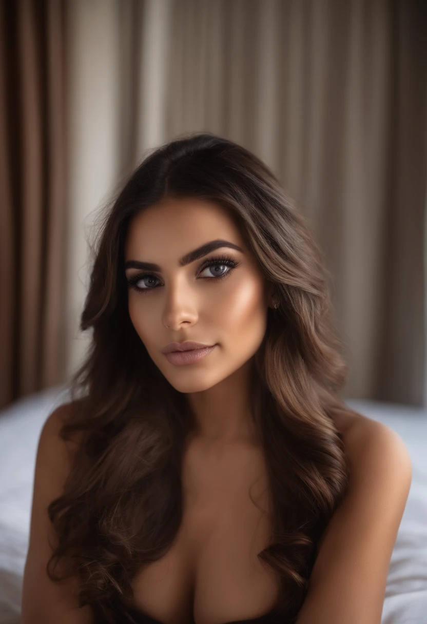 Femme latina , fille sexy aux yeux bruns, ultra realist, Meticulously detailed, Portrait, cheveux bruns et grands yeux, selfie of a young woman, Dubai Eyes, Violet Myers, sans maquillage, maquillage naturel, looking straight at camera, Visage avec Artgram, Maquillage subtil, Great photo of the whole body kneeling on the bed, dans la chambre, Medium to large bust
