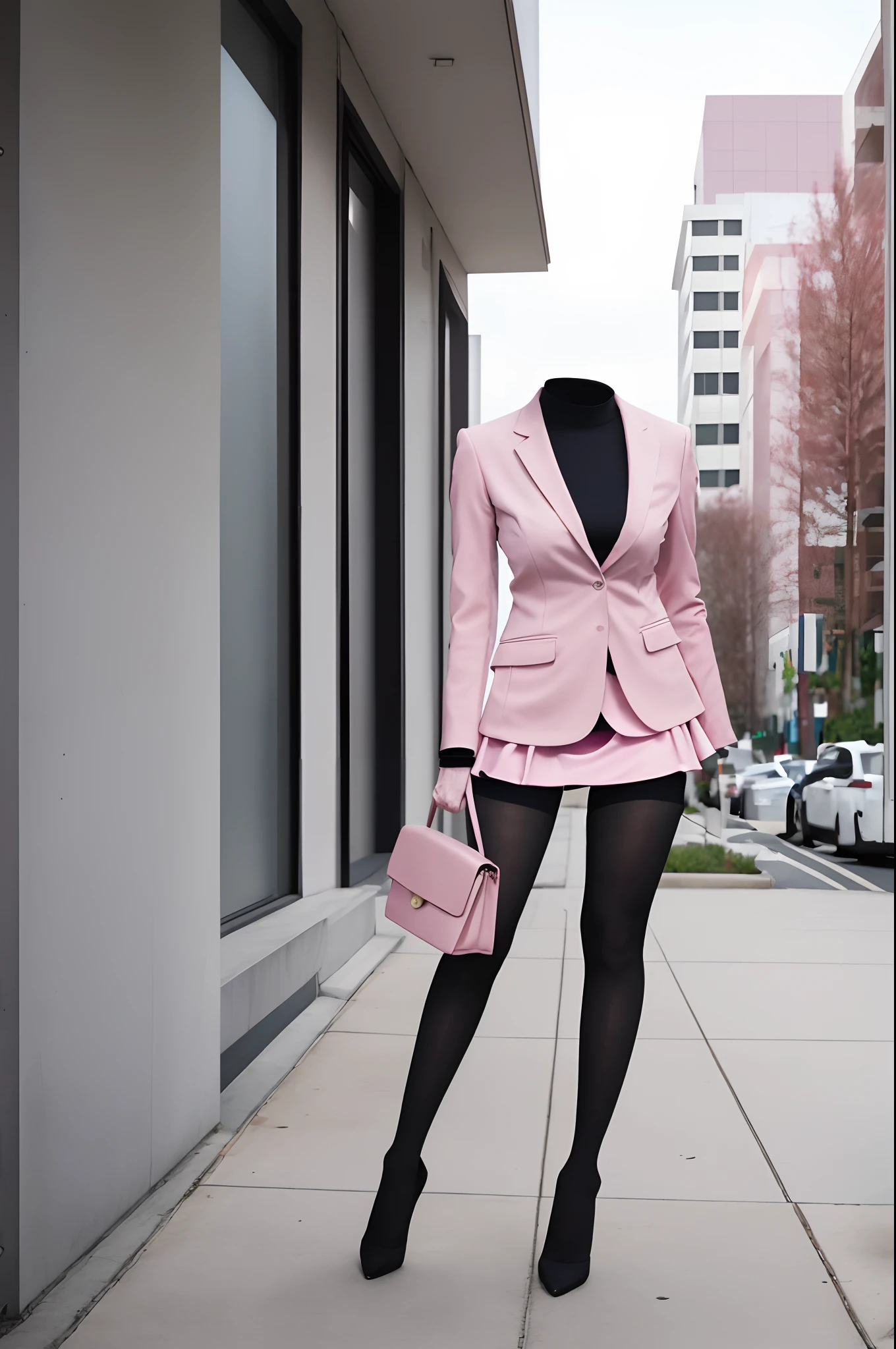 Color Photo, High quality, 4K, 1girl in, Solo, Portrait, full body, business suit, pink suit, pink tight skirt, black tights, high heels, outdoor, office Street