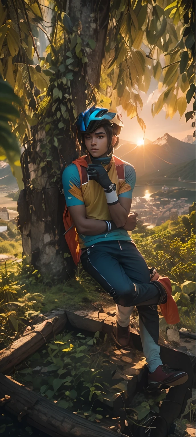 Perfect colour grading, young, teenager, sitting on bike , Indian face, indian, road, mountain in background,8k ultra hd