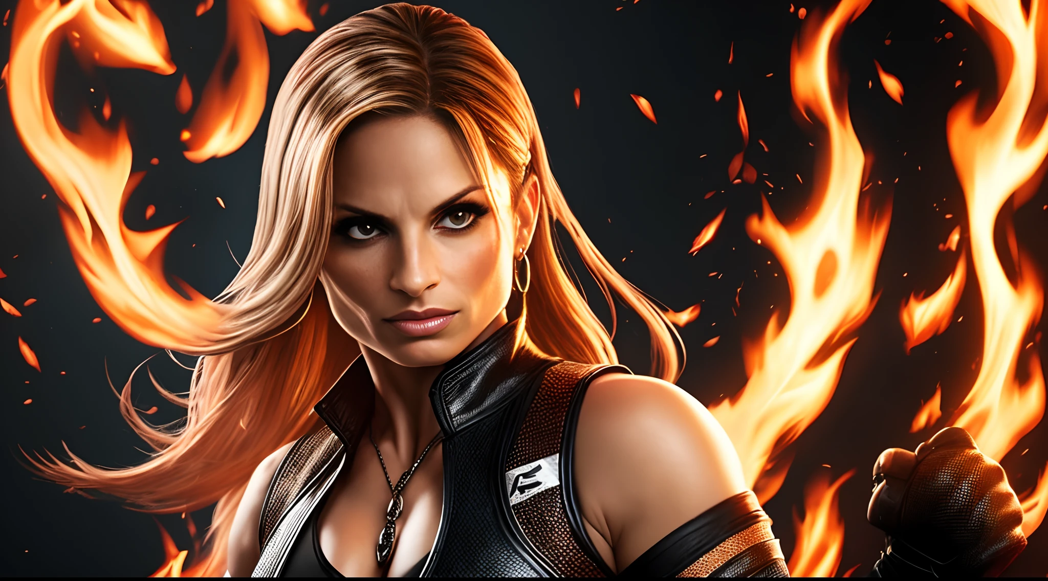 Trish Stratus WWE Female Superstar, ready to fight, Mortal Kombat Scene Fighter background Flames, Hyperrealistic, -- ar 16:9 --auto --s2